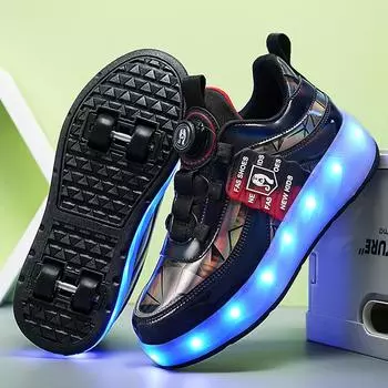 Детская прогулочная обувь с зарядкой на четырех колесах, USB, светодиодная подсветка для мальчиков и девочек, спортивная обувь для катания на роликовых коньках, коньки для девочек 30 чёрный