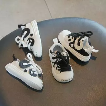 Детская прогулочная обувь, весна-осень, новая обувь для девочек, черно-белая цветовая гамма с пандой, обувь для мальчиков, детская обувь для доски, кроссовки 16 белый