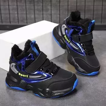 Детская противоскользящая износостойкая бархатная теплая хлопковая обувь Уличная обувь для спорта и отдыха Баскетбольная обувь Снегоступы 28 синий/чёрный