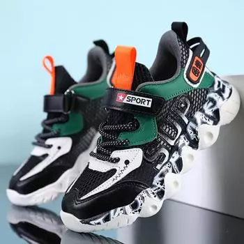 Детская противоскользящая износостойкая модная обувь с низким берцем для папы, уличная спортивная обувь, повседневная обувь, кроссовки 28 чёрный/зелёный