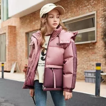 Детская пуховая куртка для девочек средней длины 2024 года, новая корейская версия для девочек, белое утиное пуховое детское стильное утолщенное пальто 120cm вино красного