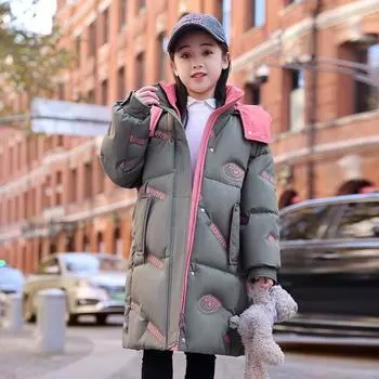 Детская пуховая куртка для девочек средней длины, новое корейское стильное утолщенное пальто из белого утиного пуха 120cm серый