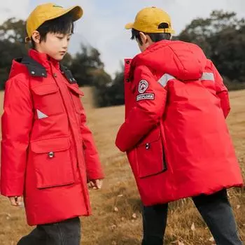 Детская пуховая куртка для мальчиков средней длины в корейском стиле, утепленная рабочая одежда, свободная детская одежда, зимняя одежда для детей средних и больших размеров 120cm красный