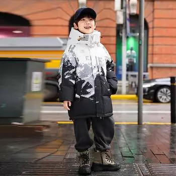 Детская пуховая куртка для мальчиков средней и длинной длины 2024 года, новая зимняя одежда для мальчиков, утолщенная белая куртка-пуховик для детей среднего и старшего возраста, постепенная смена 120cm
