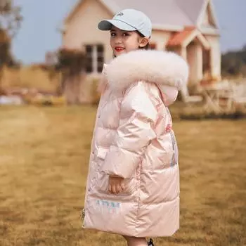 Детская пуховая куртка средней длины для девочек, новая зимняя утолщенная большая меховая воротниковая куртка для детей среднего и большого размера из хлопка 120cm белый