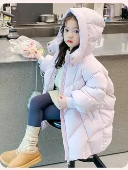 Детская пуховая куртка средней длины, хлопковая куртка на гусином пуху для девочек, новое зимнее утепленное пальто 100cm чёрный