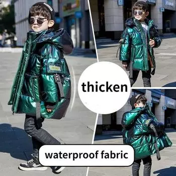 Детская пуховая одежда с хлопковой подкладкой, теплая зимняя флисовая детская хлопковая одежда средней длины 120cm зелёный