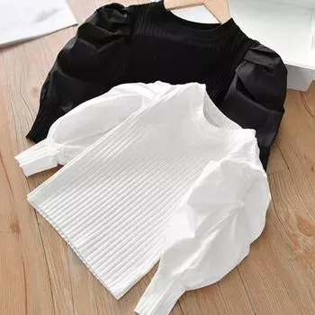 Детская пышная блузка с длинными рукавами для девочек, однотонный топ с круглым вырезом 110