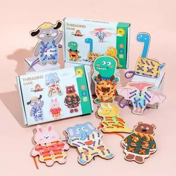 Детская развивающая доска для продевания ниток для развития мелкой моторики Dinosaur string