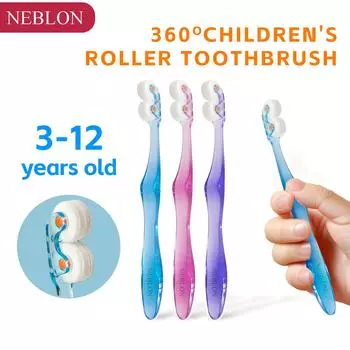 Детская роликовая зубная щетка NEBLON 360 имеет мягкую и тонкую щетину для безболезненной чистки зубов и пользуется успехом у детей. baby голубой