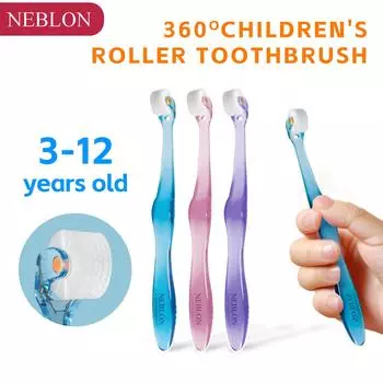 Детская роликовая зубная щетка NEBLON 360 имеет мягкую и тонкую щетину для безболезненной чистки зубов и пользуется успехом у детей. baby голубой