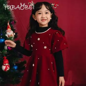 Детская рождественская одежда Весна и осень Девочки Красное платье жемчужные платья с коротким рукавом Детское платье принцессы для малышей 2T красный