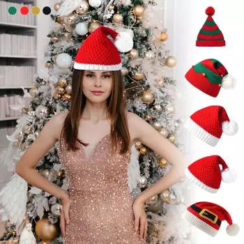 Детская рождественская плюшевая шапка, подарок, подарок для взрослых, красная вязаная шерстяная шапка Клауса One Size красный/зелёный