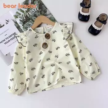 Детская рубашка Bear Leader на осень 2-6 лет из чистого хлопка бежевого цвета с длинными рукавами и цветочным принтом для девочек, корейская одежда SY051 2Y