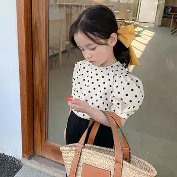 Детская рубашка для девочек, летние рубашки в горошек для маленьких девочек, пышная блузка с короткими рукавами, повседневный топ, рубашка с открытой спиной 11