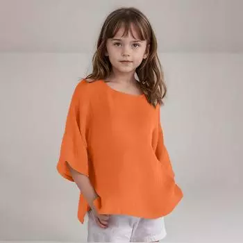 Детская рубашка из хлопка и льна с коротким рукавом и круглым вырезом, однотонная повседневная куртка 110 оранжевый