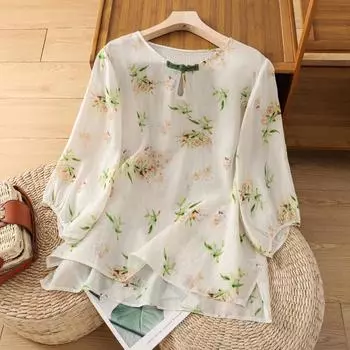 Детская рубашка, летний свободный художественный свитер с круглым вырезом, пряжка, цветочная рубашка из рами, фея M абрикосовый