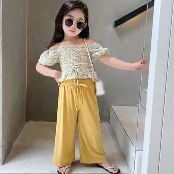 Детская рубашка на одно плечо с цветочным принтом для девочек + широкие брюки 100