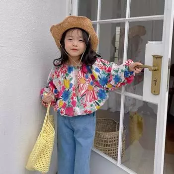 Детская рубашка с длинными рукавами и цветочным принтом для девочек, детский топ 9