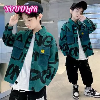 Детская рубашка с длинными рукавами, куртка 2024 года, весна-осень, новый стиль, кардиган для мальчиков, клетчатая куртка с буквенным узором 120