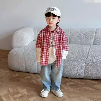 Детская рубашка с красными лацканами в клетку — в стиле колледжа, весна/осень 2025 г., комплект из двух предметов для мальчиков и девочек 110 cm