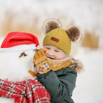 Детская шапка-бини осень-зима вязаная с 2 помпонами для мальчиков и девочек розовый