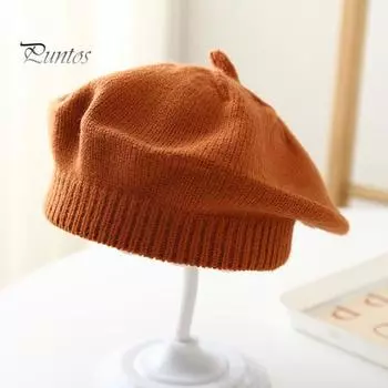 Детская шапка художника, цветная вязаная эластичная, сохраняющая тепло, нескользящая, вязаная шапочка, детский вязаный берет, однотонная осенне-зимняя шапка, берет для улицы молочный белый