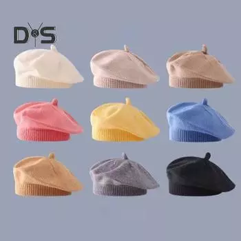 Детская шапка художника, цветная вязаная эластичная, сохраняющая тепло, нескользящая, вязаная шапочка, детский вязаный берет, однотонная осенне-зимняя шапка, берет для улицы бежевый