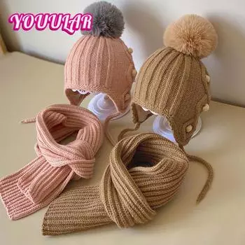 Детская шапка и шарф, двухкомпонентный детский костюм в корейском стиле, теплая осенне-зимняя вязаная шапка для мальчиков и девочек зимой коричневый