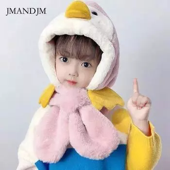 Детская шапка и шарф, интегрированная на осень и зиму, новая утолщенная теплая плюшевая шапка для мальчиков и девочек, детская ветрозащитная шапка с ушками