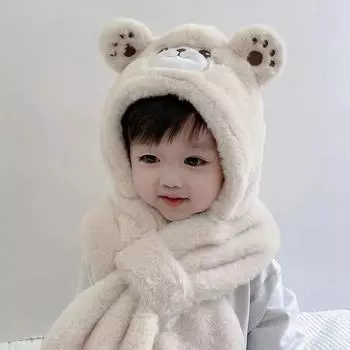 Детская шапка и шарф, осенне-зимняя, для мальчиков и девочек, милая, очень милая, теплая флисовая шапка-пуловер, защитная шапка для ушей бежевый