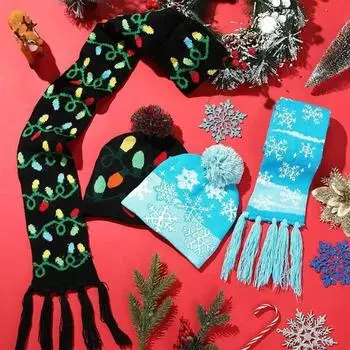 Детская шапка и шарф, светодиодная рождественская шапка, снежинка, Санта-Лось, рождественская елка, зимняя шапка, новогодний праздничный шарф с кисточками, комплект шапок