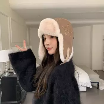 Детская шапка Lei Feng, теплая, осень-зима 2024 года, новая пентаграмма, универсальная защита ушей, холодная и ветрозащитная кожаная летная шапка one size fits all хаки