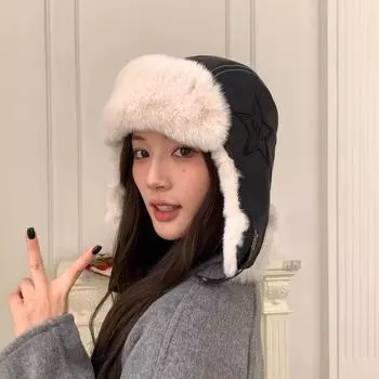 Детская шапка Lei Feng, теплая, осень-зима 2024 года, новая пентаграмма, универсальная защита ушей, холодная и ветрозащитная кожаная летная шапка M56-58cm чёрный