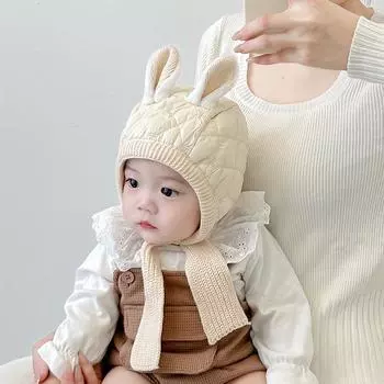 Детская шапка, милая мультяшная шапка с ушками, детский шарф для мужчин и женщин, интегрированная шапка, утолщенная теплая со шнуровкой, сумка-мешочек, корейская шапка 6 months-3 years old (head circumference 44-50cm)