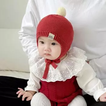 Детская шапка осень и зима милая мультяшная защитная шапка для ушей шерстяная шапка для мальчиков и девочек с подкладкой вязаная шапка 3-12 months [hat circumference 38-46cm] красный