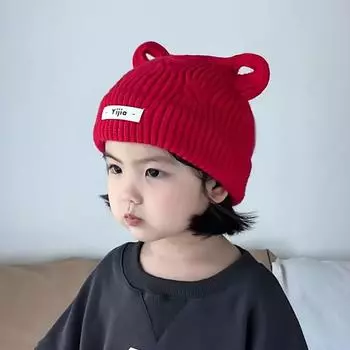 Детская шапка осень и зима симпатичная шерстяная вязаная шапка-пуловер для мужчин и женщин детская теплая защита ушей утолщенная ветрозащитная супер милая Recommended 1-3 years old 48-52cm красный