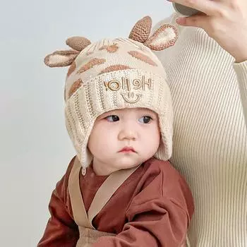 Детская шапка осень и зима вязаная милая очень милая маленькие ушки детская защита ушей шина шапка для мальчиков и девочек пуловер шапки ins 45~ 50cm (recommended for 6 months-3 years old)