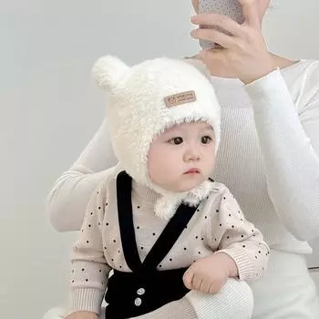 Детская шапка осень-зима мальчики теплая шапка-ушанка для младенцев милая ветрозащитная плюшевая шапка для девочек пуловер для малышей Hat circumference 44-50cm/3 months-2 years old бежевый