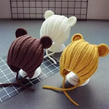 Детская шапка, осенне-зимняя милая шапка для маленьких девочек и мальчиков, теплая вязаная шапка с медвежьими ушками красный