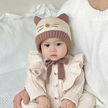 Детская шапка осенне-зимняя шапка-ушанка милая, очень милая, вязаная теплая, утолщенная, детская, мужская и женская, шерстяная шапка + 3 months-2 years old (42-48cm)