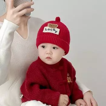 Детская шапка осенне-зимняя теплая вязаная шапка-пустышка красная маленькая месячная шапка-шина новогодняя детская шерстяная шапка для мальчиков и девочек 44-48cm