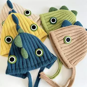 Детская шапка с большими глазами в виде динозавра, милая шерстяная шапка, вязаная шапка для мальчика, детская зимняя шапка, протектор для ушей, новая шапка recommended 8 months-4 years old (46-50cm) бежевый