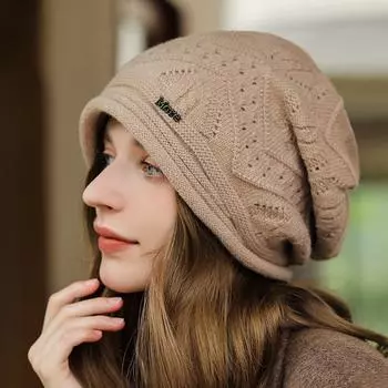 Детская шапка с большой окружностью головы, универсальная на осень-зиму со стильной стопкой шапок и шапкой из пряжи свободной вязки с носком One size серый