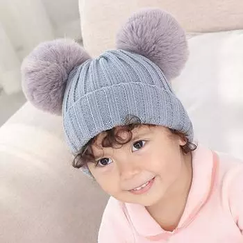Детская шапка с двойным помпоном, осенне-зимняя детская шапочка-бини для девочек, вязаная толстая теплая однотонная шапочка для волос с шариками, шапочка для малышей темно-розовый