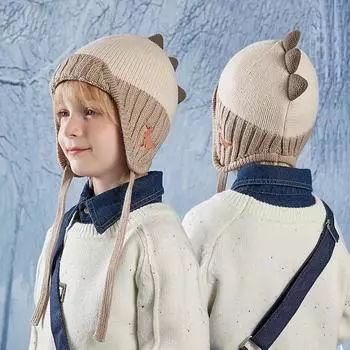 Детская шапка с изображением динозавра из мультфильма, вязаная шерстяная шапка для мальчиков и девочек, теплая зимняя защитная шапка для ушей бежевый