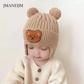 Детская шапка с милым медвежонком, вязаная шапка с ушками, детская зимняя утолщенная теплая шерстяная шапка, корейская версия детской шапки