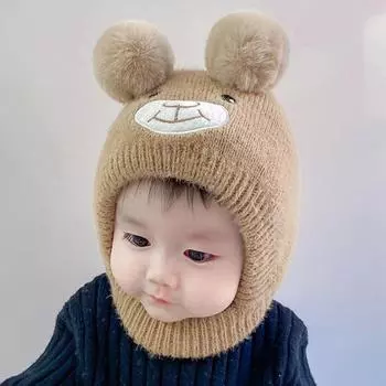 Детская шапка с милым мультяшным медведем, шарф, зимние теплые шапки с двойным помпоном, защитные шапки для ушей, шапочки для новорожденных мальчиков и девочек one size бежевый