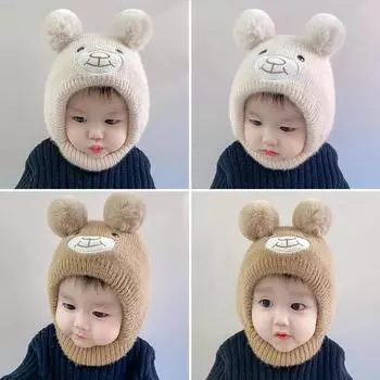 Детская шапка с милым мультяшным медведем, шарф, зимние теплые шапки с двойным помпоном, защитные шапки для ушей, шапочки для новорожденных мальчиков и девочек one size