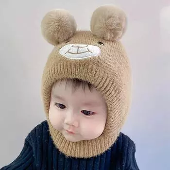 Детская шапка с милым мультяшным медведем, шарф, зимние теплые шапки с двойным помпоном, защитные шапки для ушей, шапочки для новорожденных мальчиков и девочек one size бежевый
